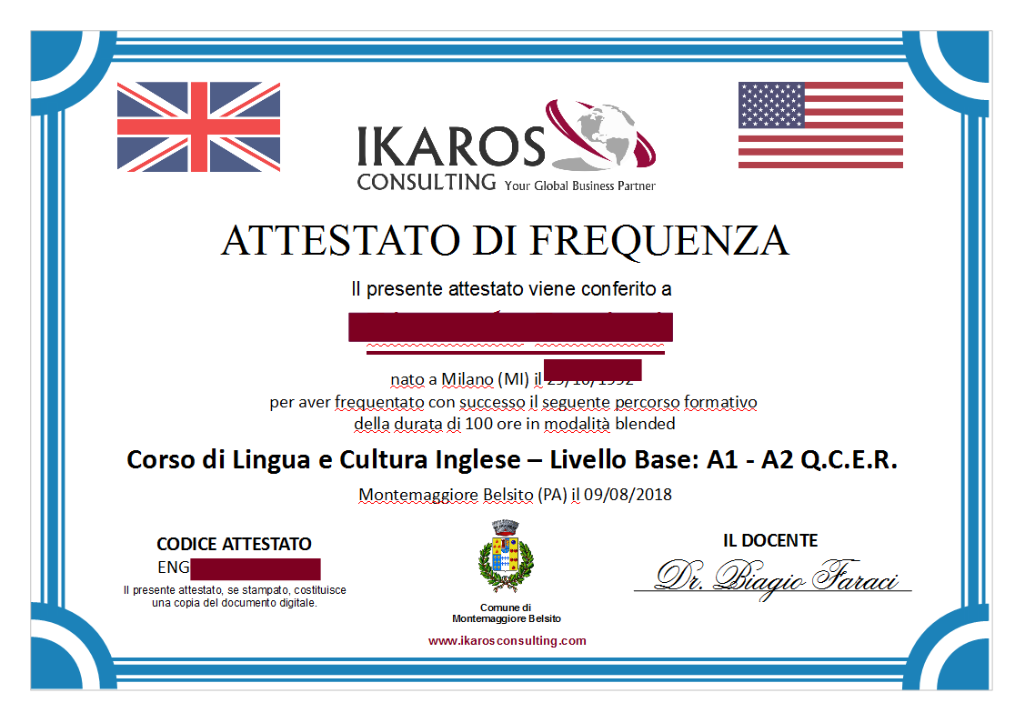 Attestato Di Frequenza Corso Inglese A2 Ikaros Consulting